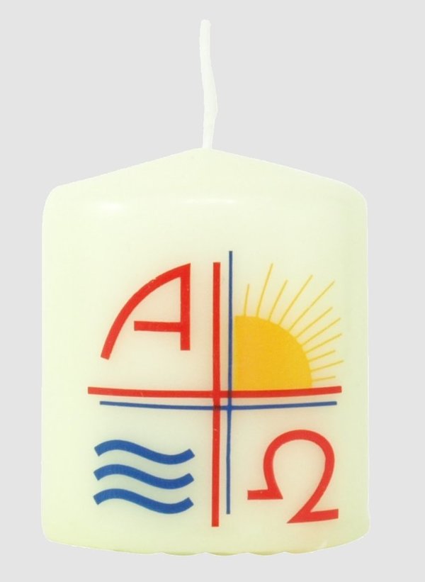 Kerzen ON 9, A+Ω Kreuz/Sonne,  6 cm hoch, 5 cm Ø